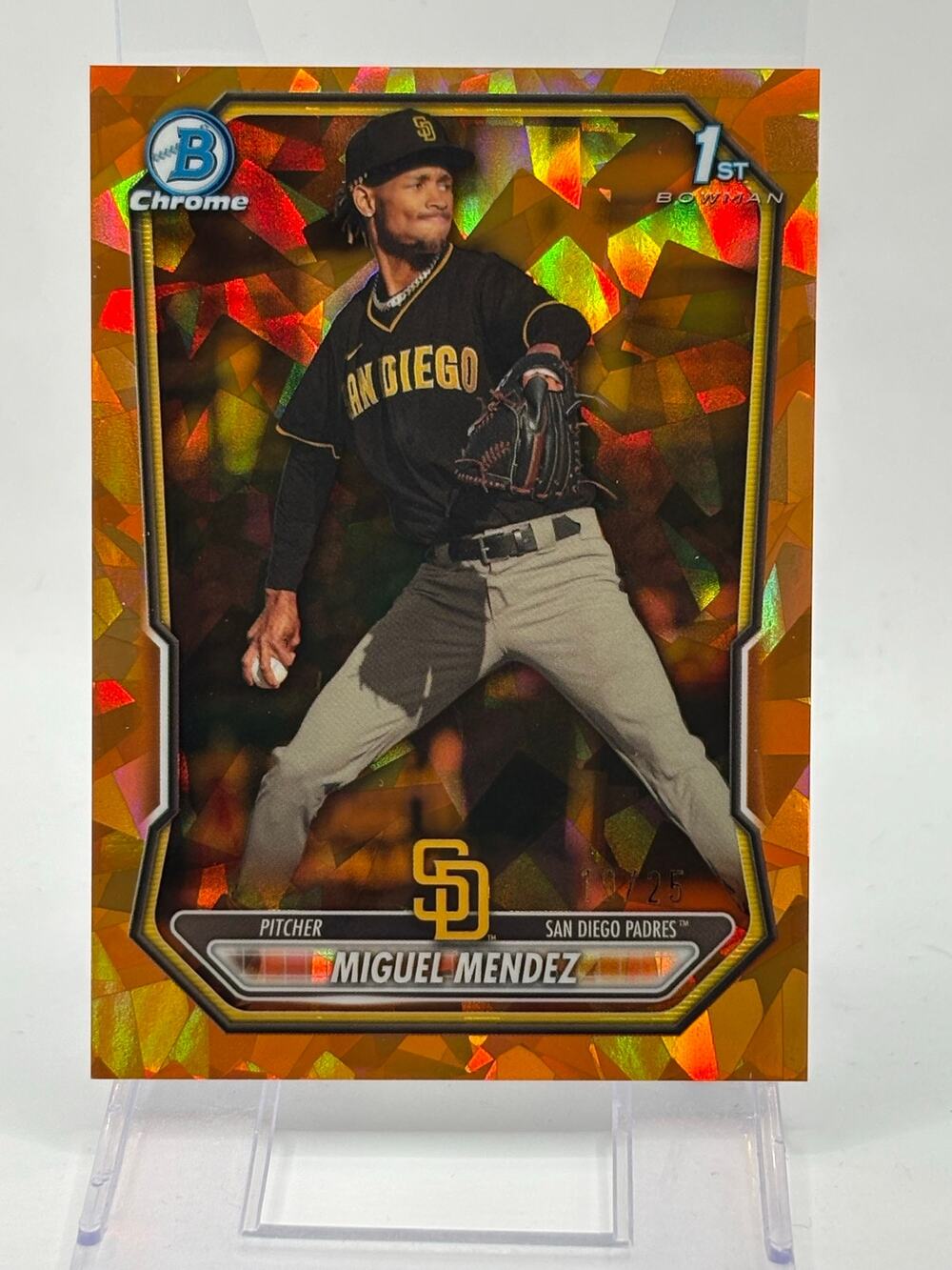 2026 Bowman Chrome Miguel Mendez 1st Orange Sapphire Refractor 19/25 SP Padres